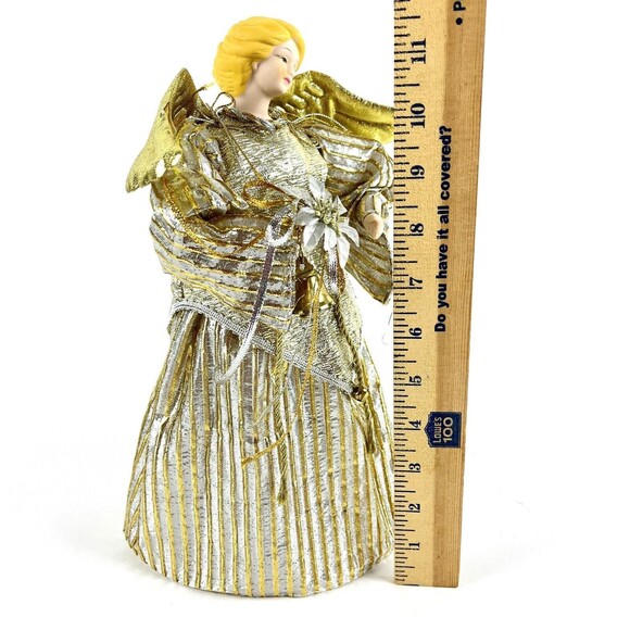 Golden Winged Angel Christmas Tree Topper with Bell & Flower Porcelain Face 12in - Picture 13 of 13